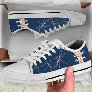 Dragonfly Jean Flower Low Top Canvas Shoes, Animal Print Canvas Shoes, Print On Canvas Shoes