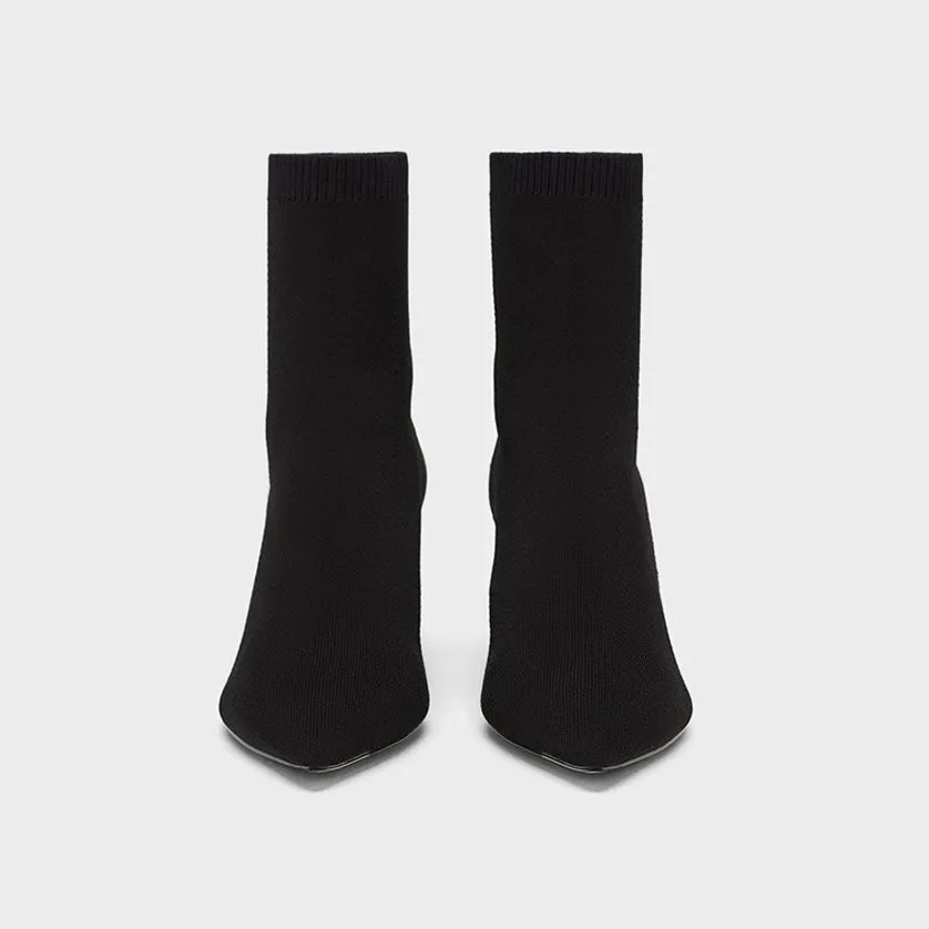 Elegant Pointed Toe Chunky Heel Mid Calf Sock Boots - Black