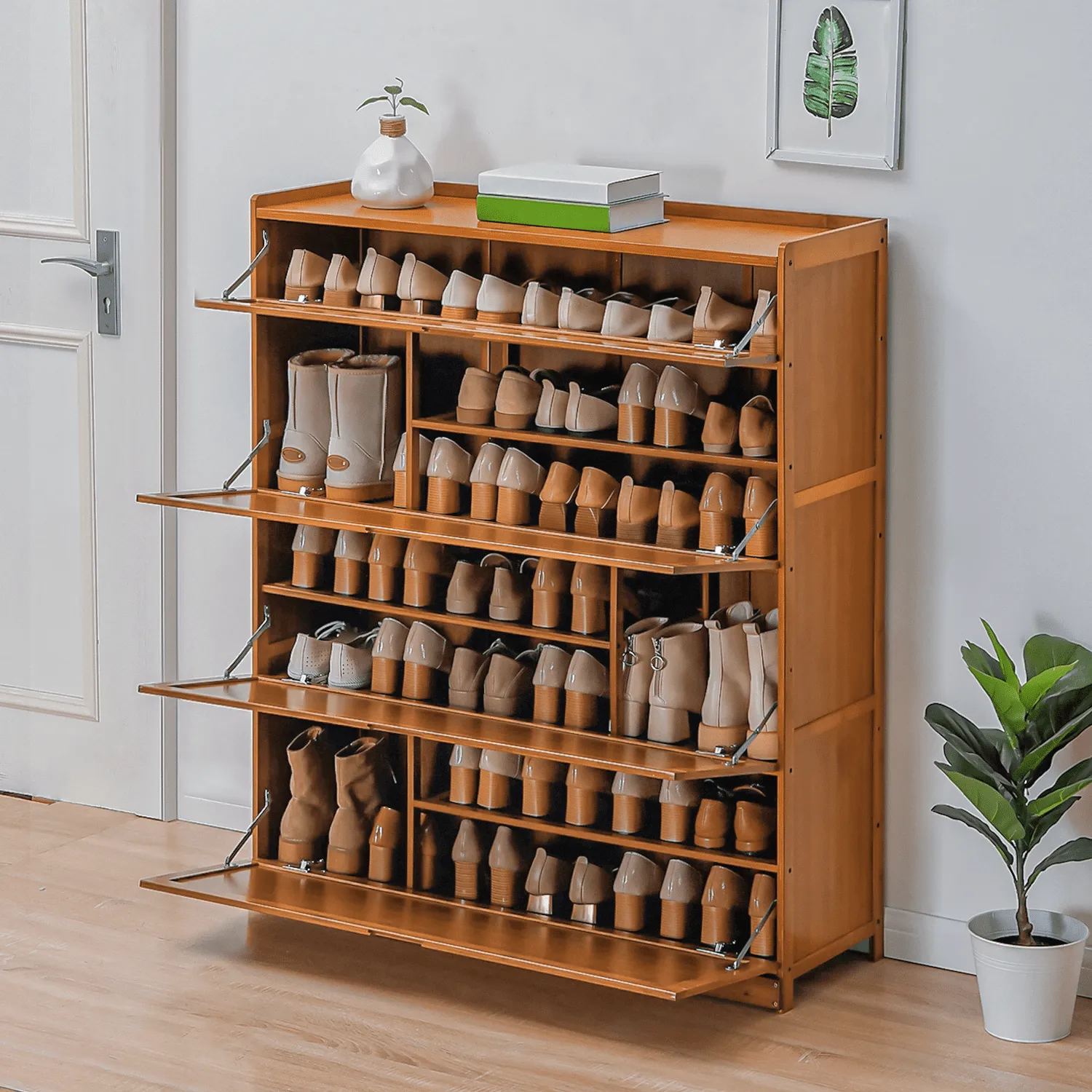 essential Bamboo 9 Tier Shoe Organizer Modern Cabinet with Door 41 Pairs Heels Boots, Brown, Hallway Entryway