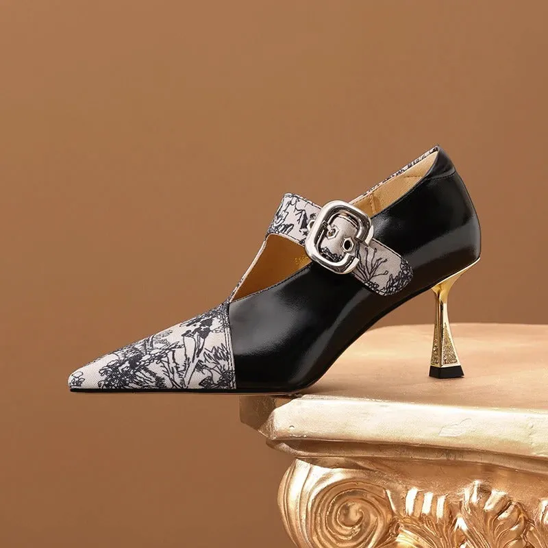 Fashionable Floral Embroidered Buckle Strap High Heel Pumps