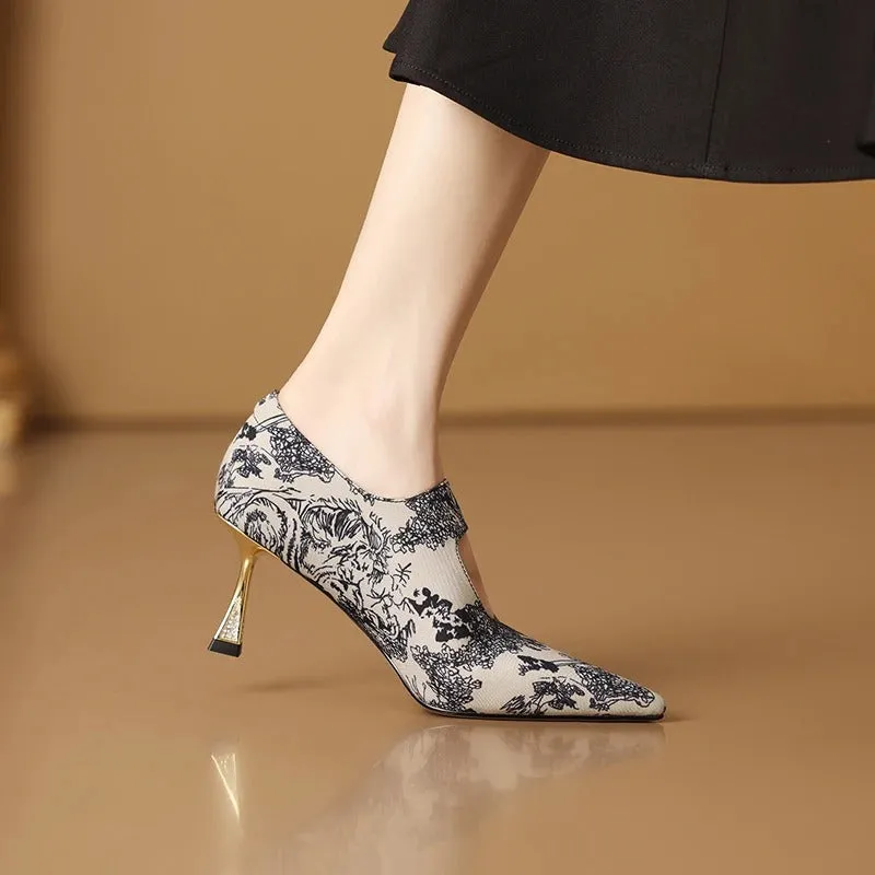 Fashionable Floral Embroidered Buckle Strap High Heel Pumps