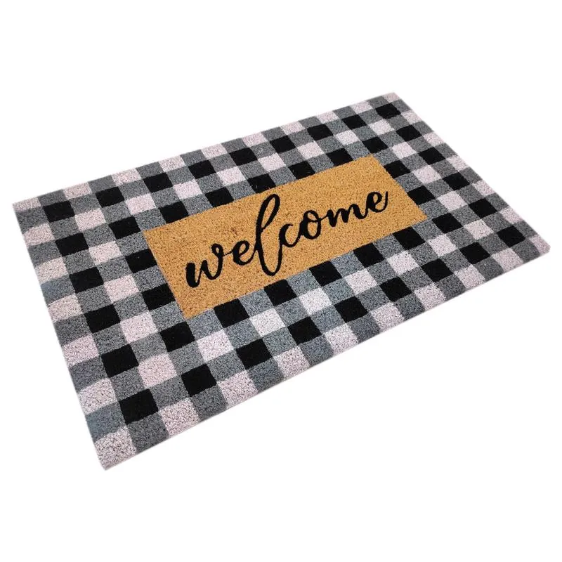 First Concept 18 in. W X 30 in. L Black/White Checkers Welcome Coir Door Mat