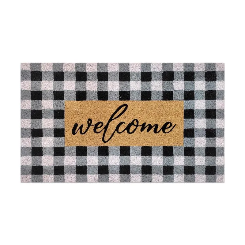 First Concept 18 in. W X 30 in. L Black/White Checkers Welcome Coir Door Mat