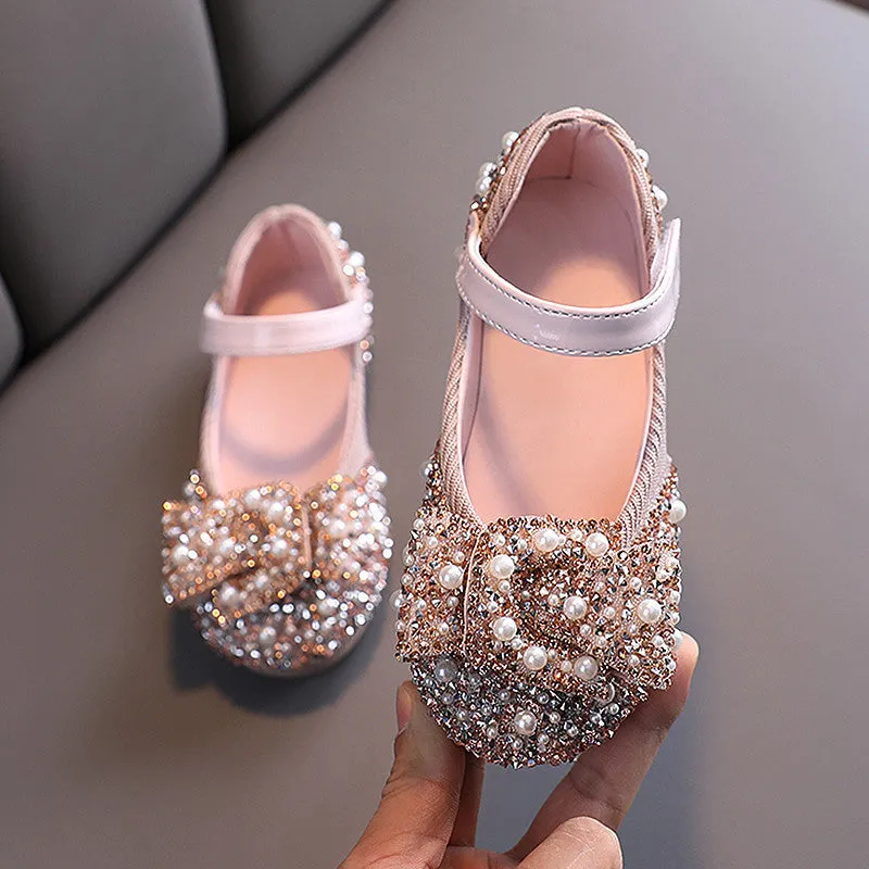 Girls Soft Sole Princess Bow Rhinestone Small Leather Shoes