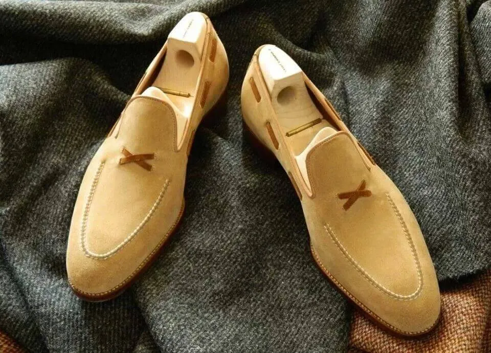 Handcrafted Suede Leather Tussle Shoes Beige Bespoke Casual Dress Tuxedo Shoes