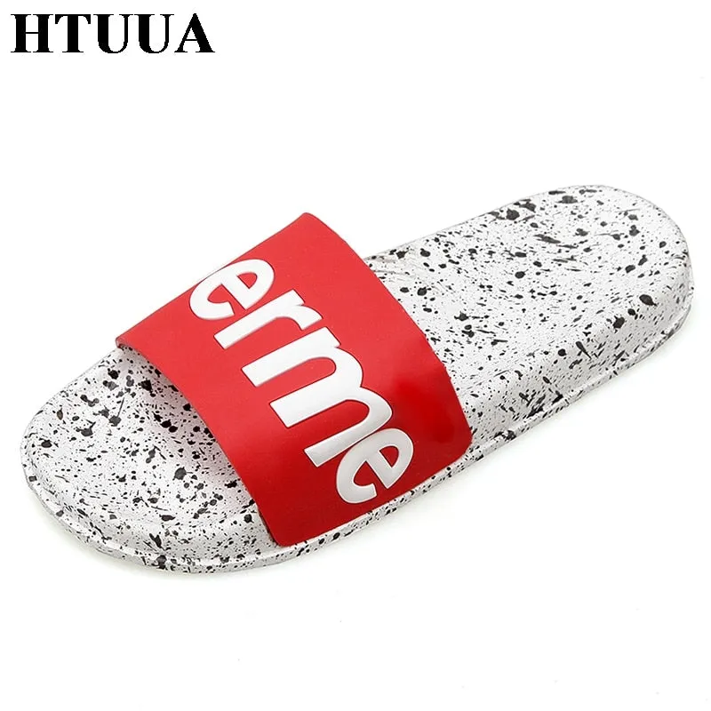 HTUUA 2018 New Couple Bathroom Slippers Women Men Unisex Fashion Brand Outdoors Indoor Home Slippers Non-slip Floor Slides SX755