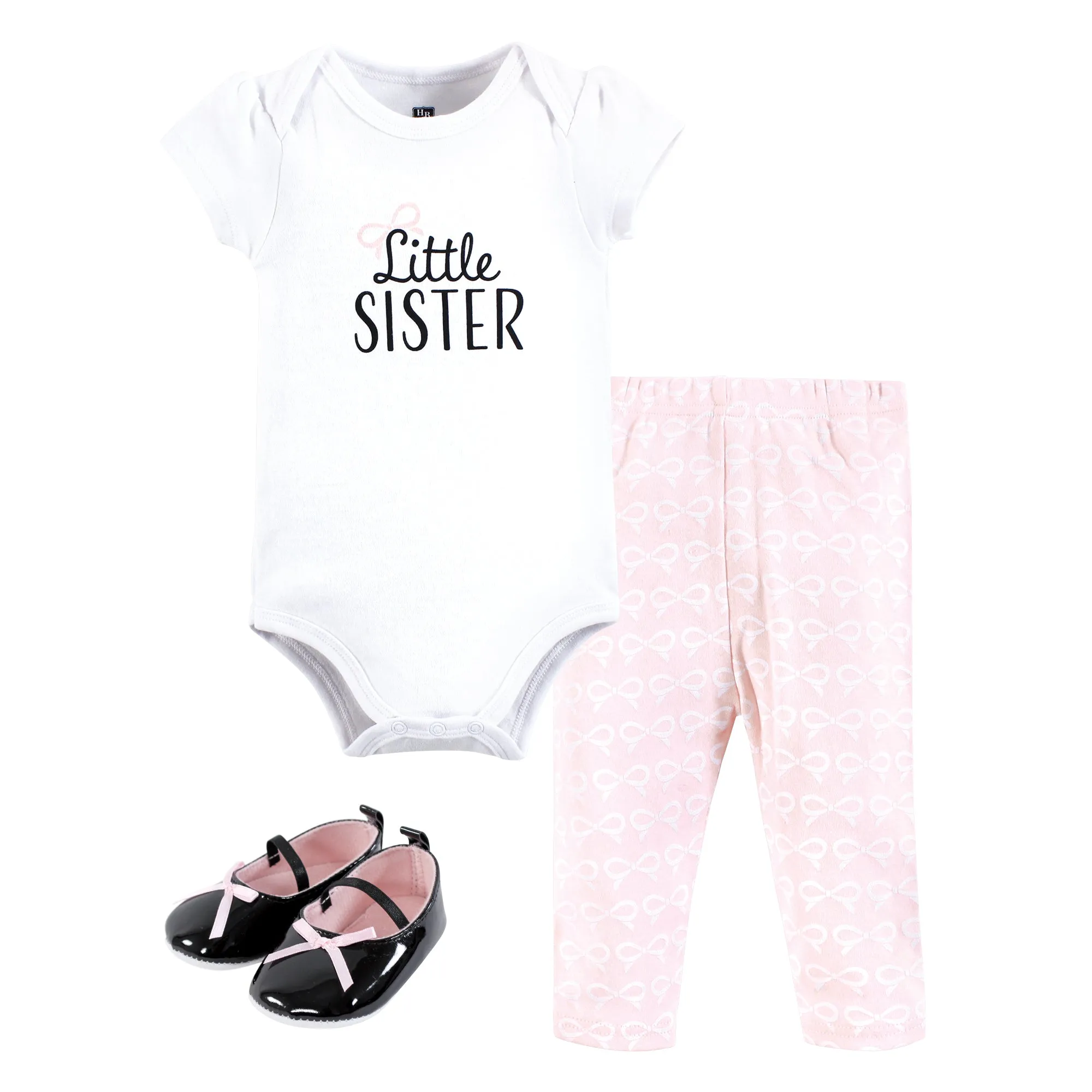 Hudson Baby Cotton Bodysuit, Pant and Shoe Set, Little Sister Bow