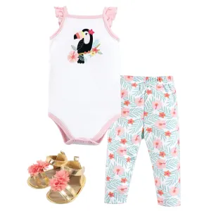 Hudson Baby Cotton Bodysuit, Pant and Shoe Set, Tropical Toucan