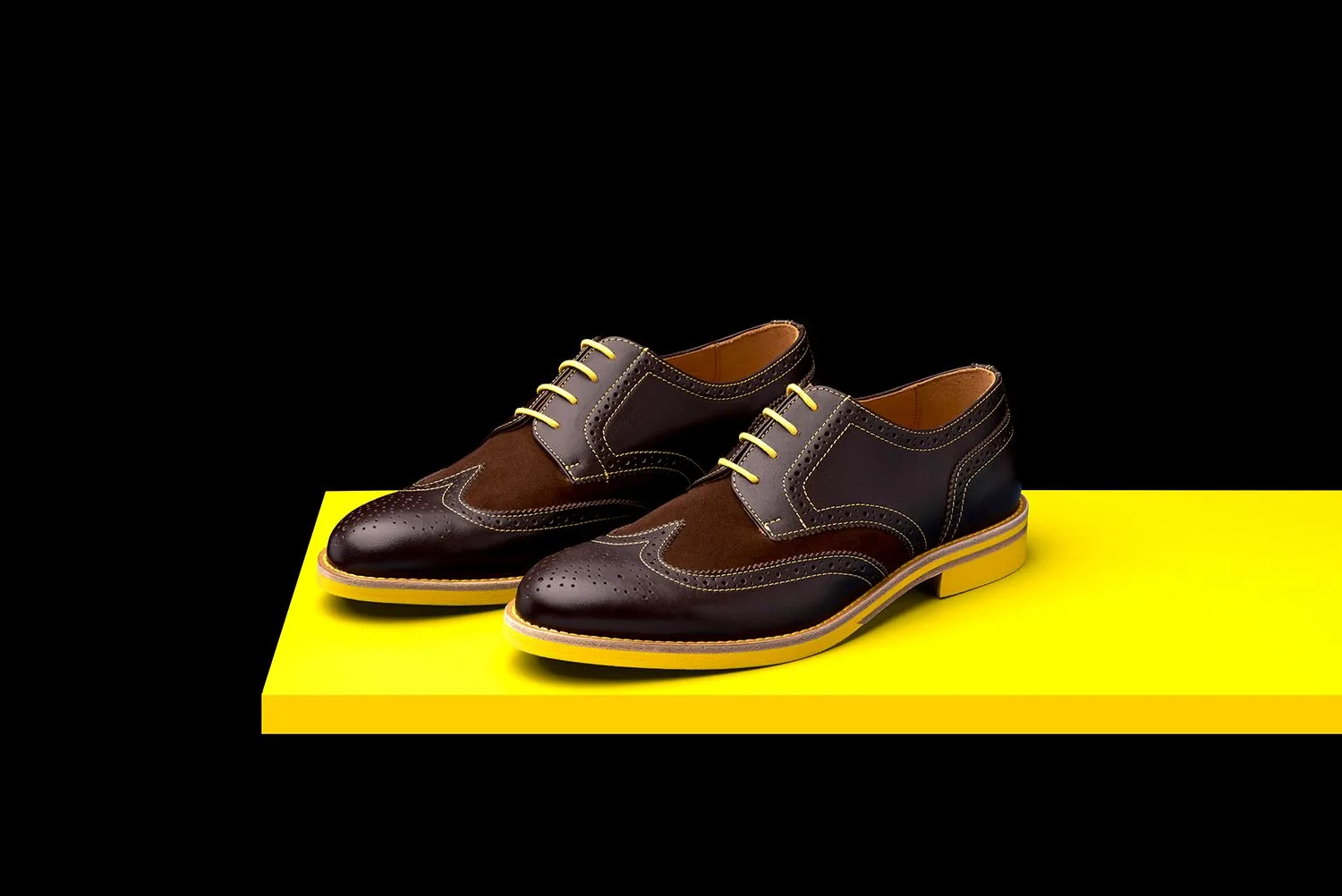 Mens Brown & Yellow Leather Wingtip Dress Shoes qqq