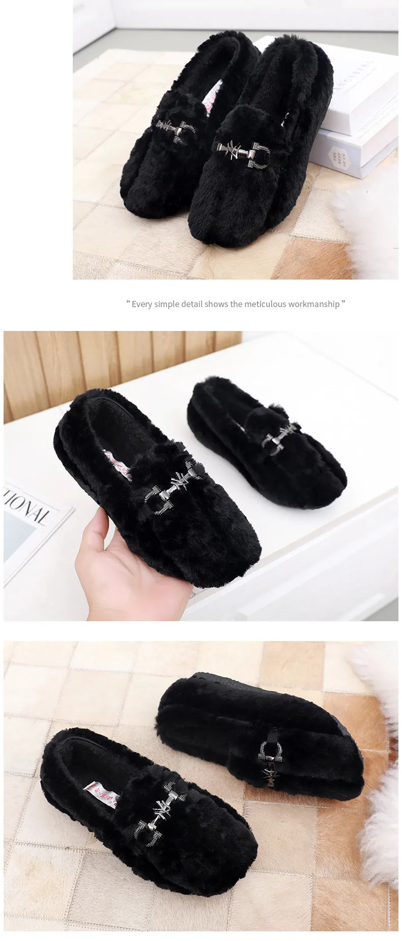 Owlkay Winter Women's Fashionable Furry Casual Pea Shoes