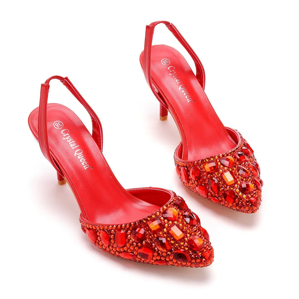 Pointed Toe Fashionable Rhinestone Decor Slingback High Heels