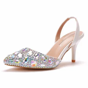 Pointed Toe Fashionable Rhinestone Decor Slingback High Heels