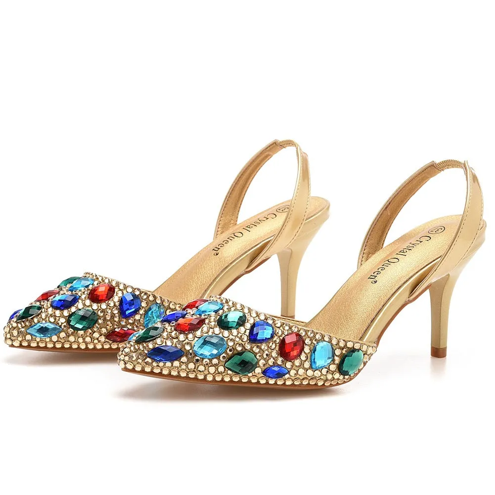 Pointed Toe Fashionable Rhinestone Decor Slingback High Heels