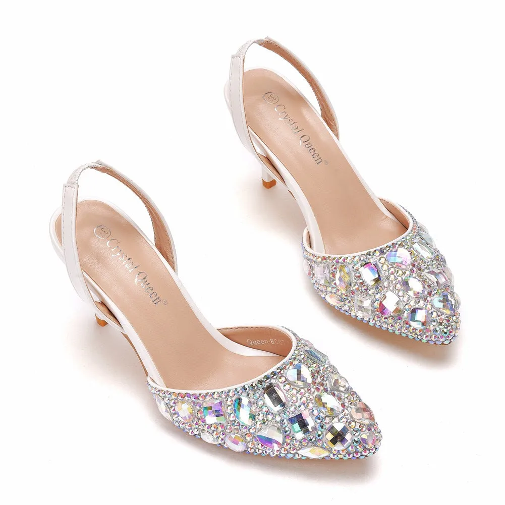 Pointed Toe Fashionable Rhinestone Decor Slingback High Heels