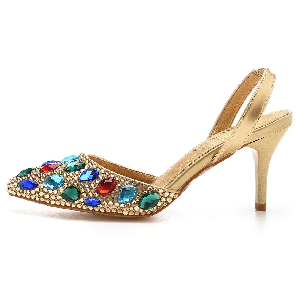 Pointed Toe Fashionable Rhinestone Decor Slingback High Heels