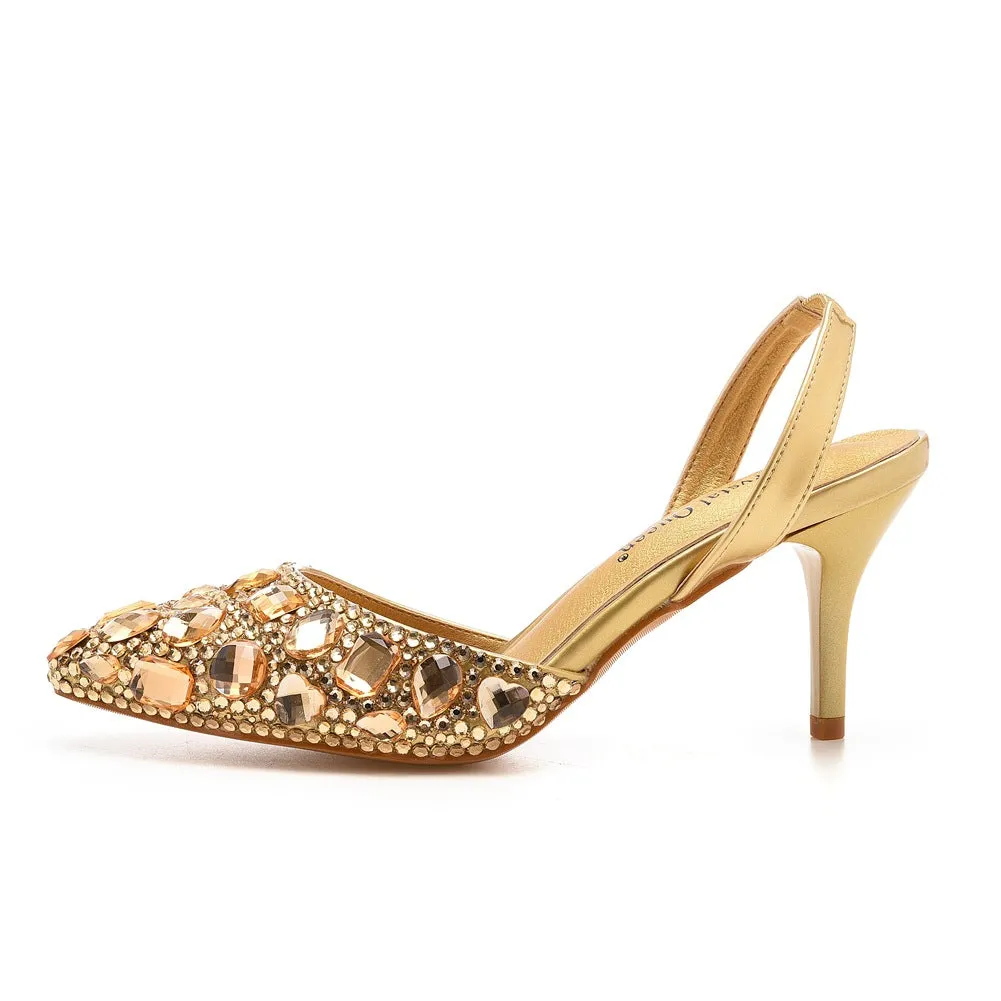 Pointed Toe Fashionable Rhinestone Decor Slingback High Heels