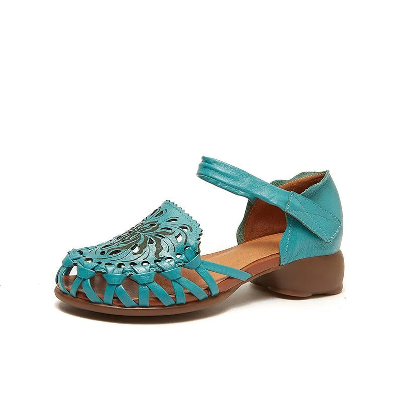 Retro Woven Leather Sandals For Women Soft Bottom Blue/Grey