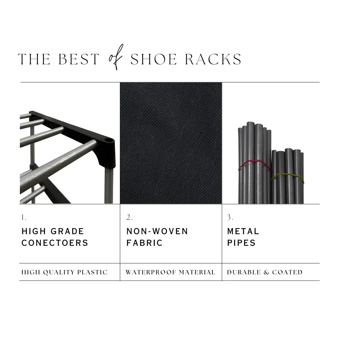 ROBMOB® Multipurpose 4- Tiers Shoe Rack with Dustproof Zip Cover, Multiuse Wide Space Storage Rack made with Non Woven Fabric for footwear, Toys, Clothes (Black, Metal)