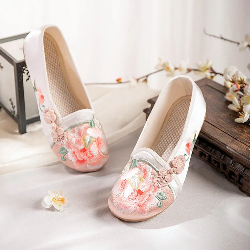 Vintage Peony Flower Embroidered Flat Shoes with Delicate Chinese Buckle