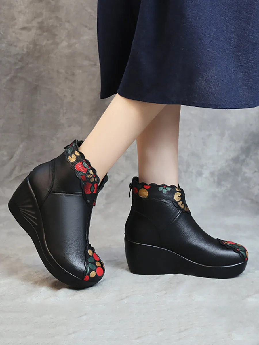 Women Elegant Flower Print Leather Platform Shoes